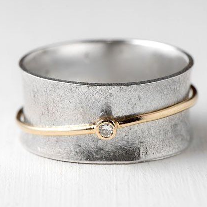 Vintage Zilveren Ring met Gouden Lijnen en Zirkonia - Aurina