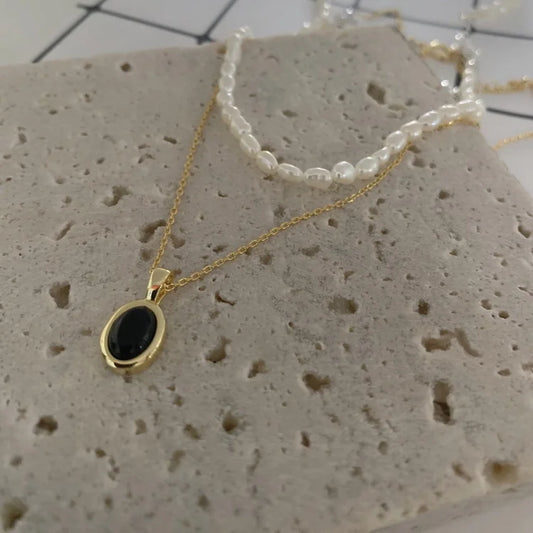 Zwarte Onyx en Parel Stapelketting - Aria