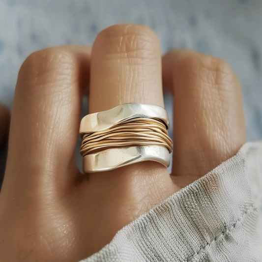 Vintage Gouden Draden Zilveren Ring