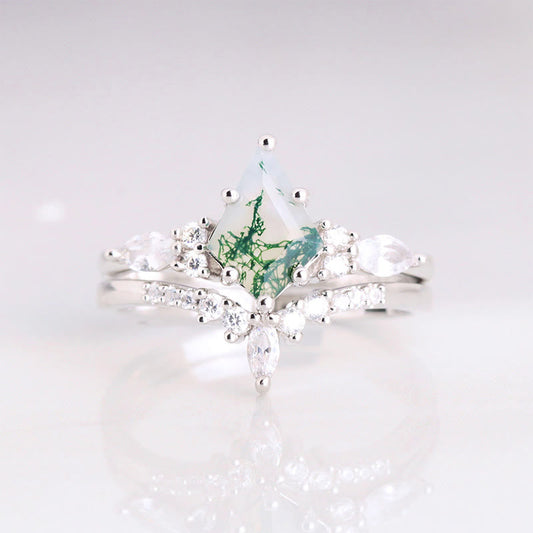 Stijlvolle 2-delig Moosagaat Ring Set - Serenia