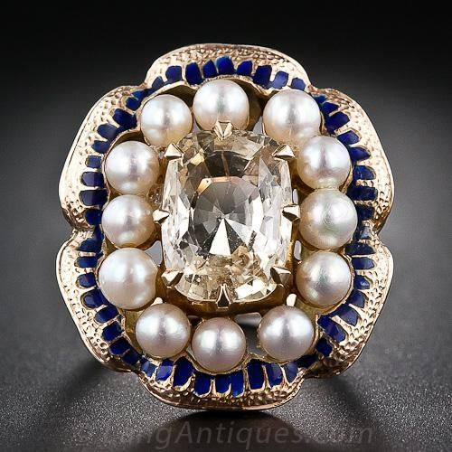 Vintage parels en blauw glas Ring